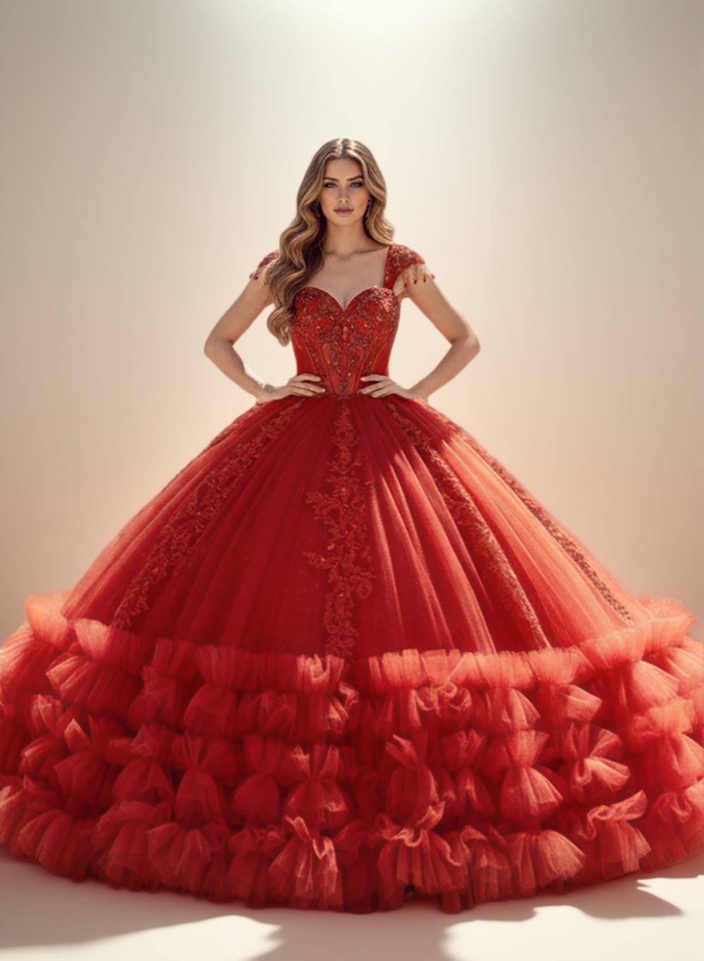 Champagne Off Shoulder Ruffled Quinceanera Dress Ball Gown with Lace Applique - ZapDress (ZD17552) - View 5 | VelvetHem