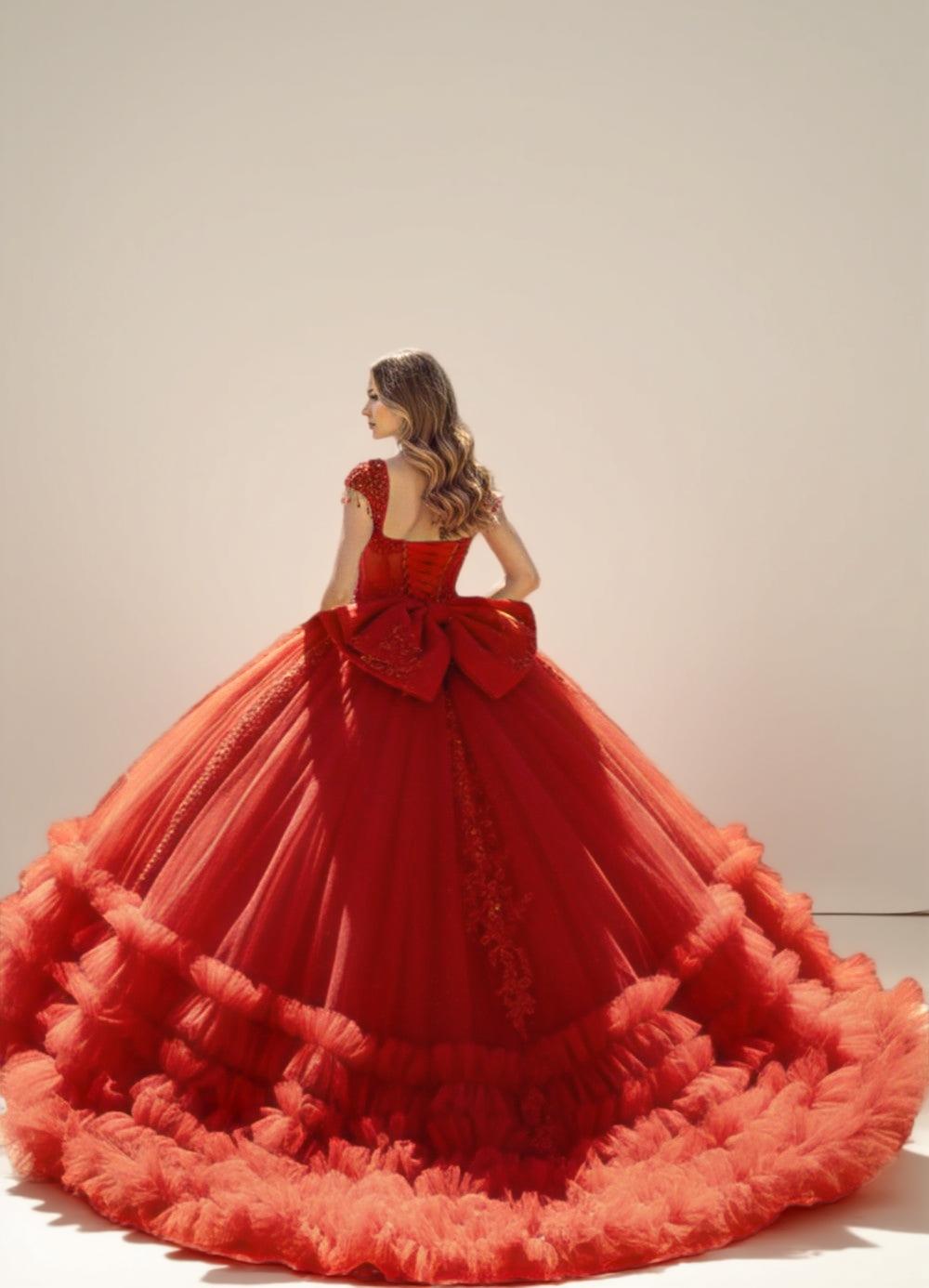 Champagne Off Shoulder Ruffled Quinceanera Dress Ball Gown with Lace Applique - ZapDress (ZD17552) - View 8 | VelvetHem