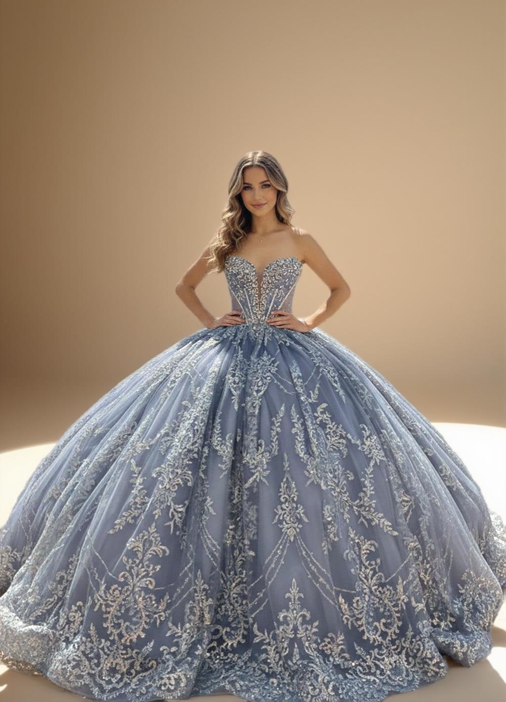 Beaded Cap Sleeve Glitter Tulle Quinceanera Ball Gown in Blue (ZD17553) - VelvetHem