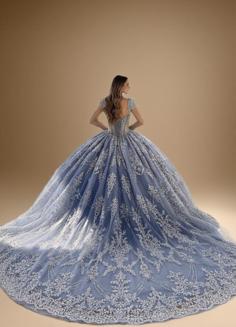 Beaded Cap Sleeve Glitter Tulle Quinceanera Ball Gown in Blue (ZD17553) - View 2 | VelvetHem
