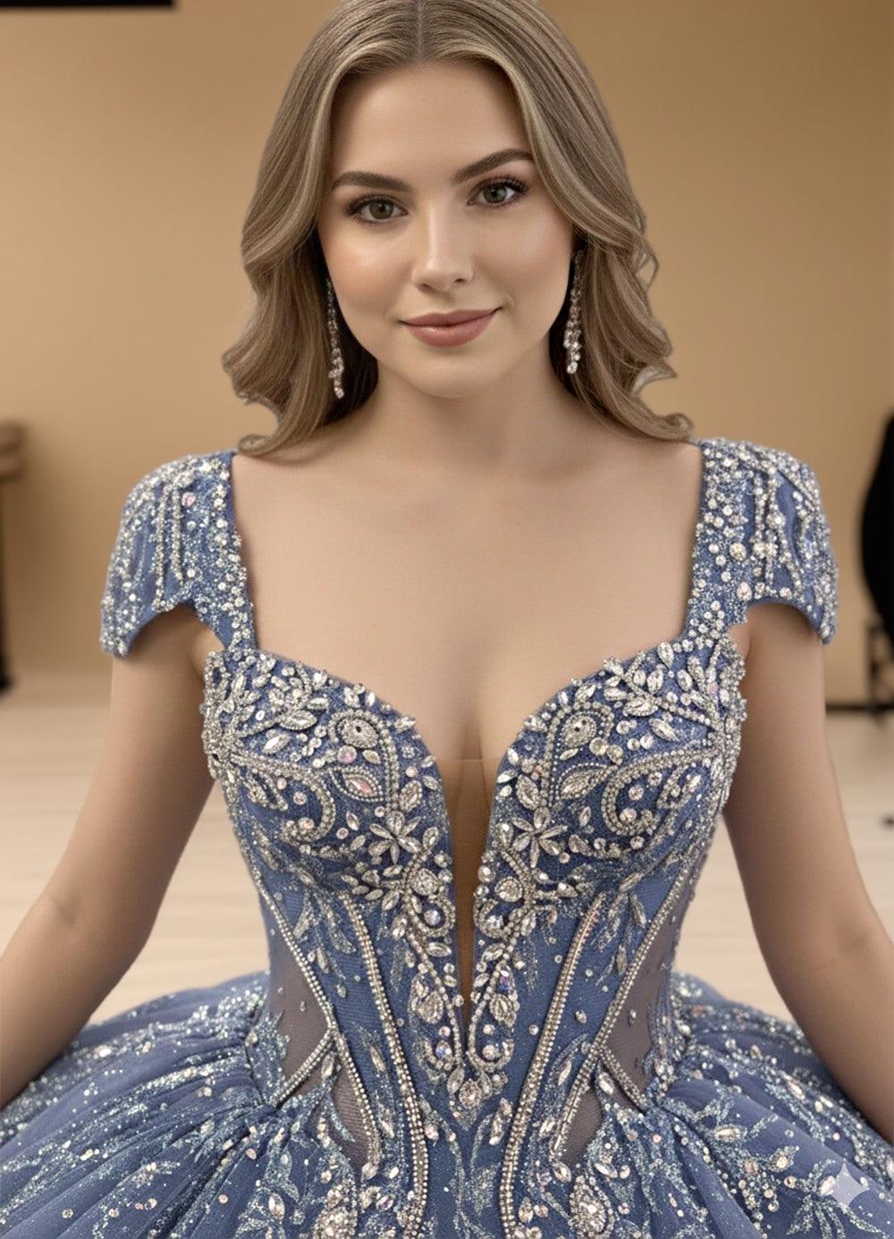 Beaded Cap Sleeve Glitter Tulle Quinceanera Ball Gown in Blue (ZD17553) - View 4 | VelvetHem
