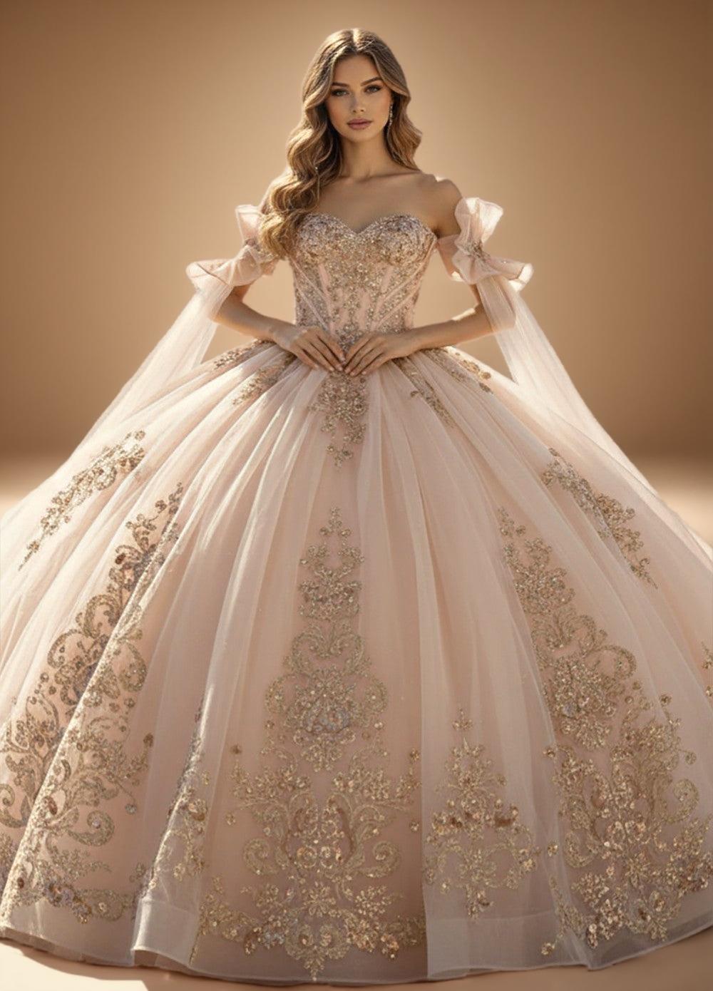 Cape Sleeve Off Shoulder Beaded Quinceanera Ball Gown in Rose Gold (ZD17556) - VelvetHem