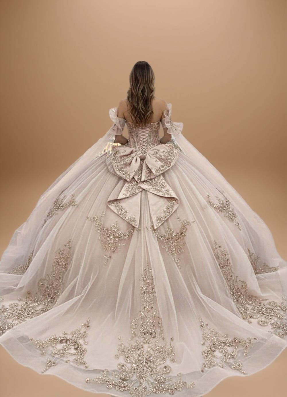 Cape Sleeve Off Shoulder Beaded Quinceanera Ball Gown in Rose Gold (ZD17556) - View 2 | VelvetHem