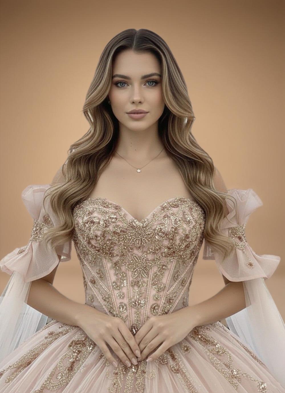 Cape Sleeve Off Shoulder Beaded Quinceanera Ball Gown in Rose Gold (ZD17556) - View 3 | VelvetHem