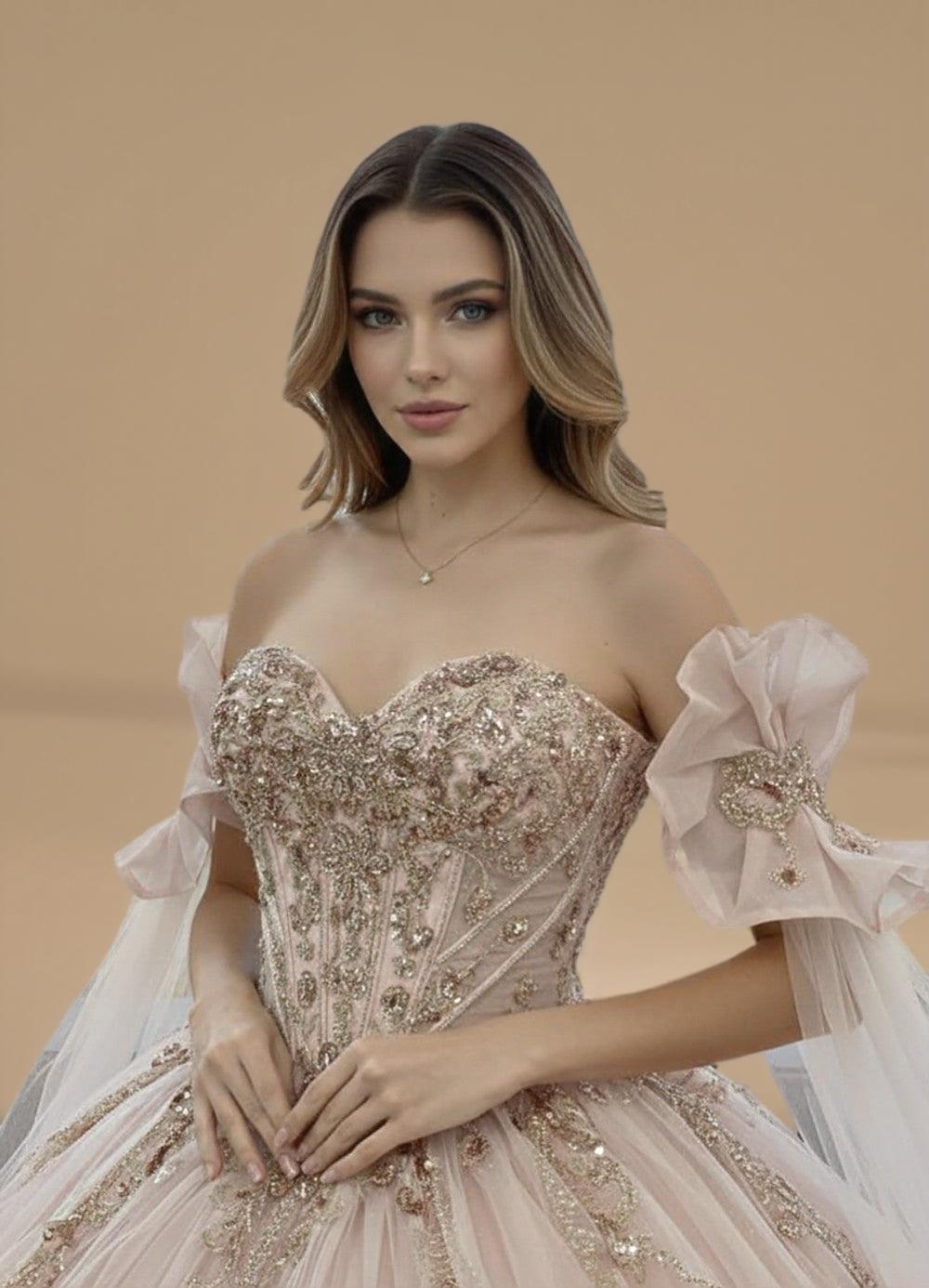 Cape Sleeve Off Shoulder Beaded Quinceanera Ball Gown in Rose Gold (ZD17556) - View 4 | VelvetHem