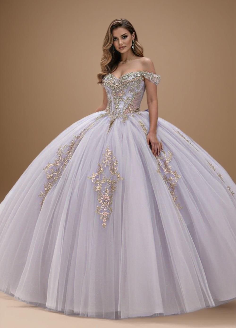 Off Shoulder Corset Beaded Applique Quinceanera Ball Gown in Lilac Gold (ZD17561) - VelvetHem