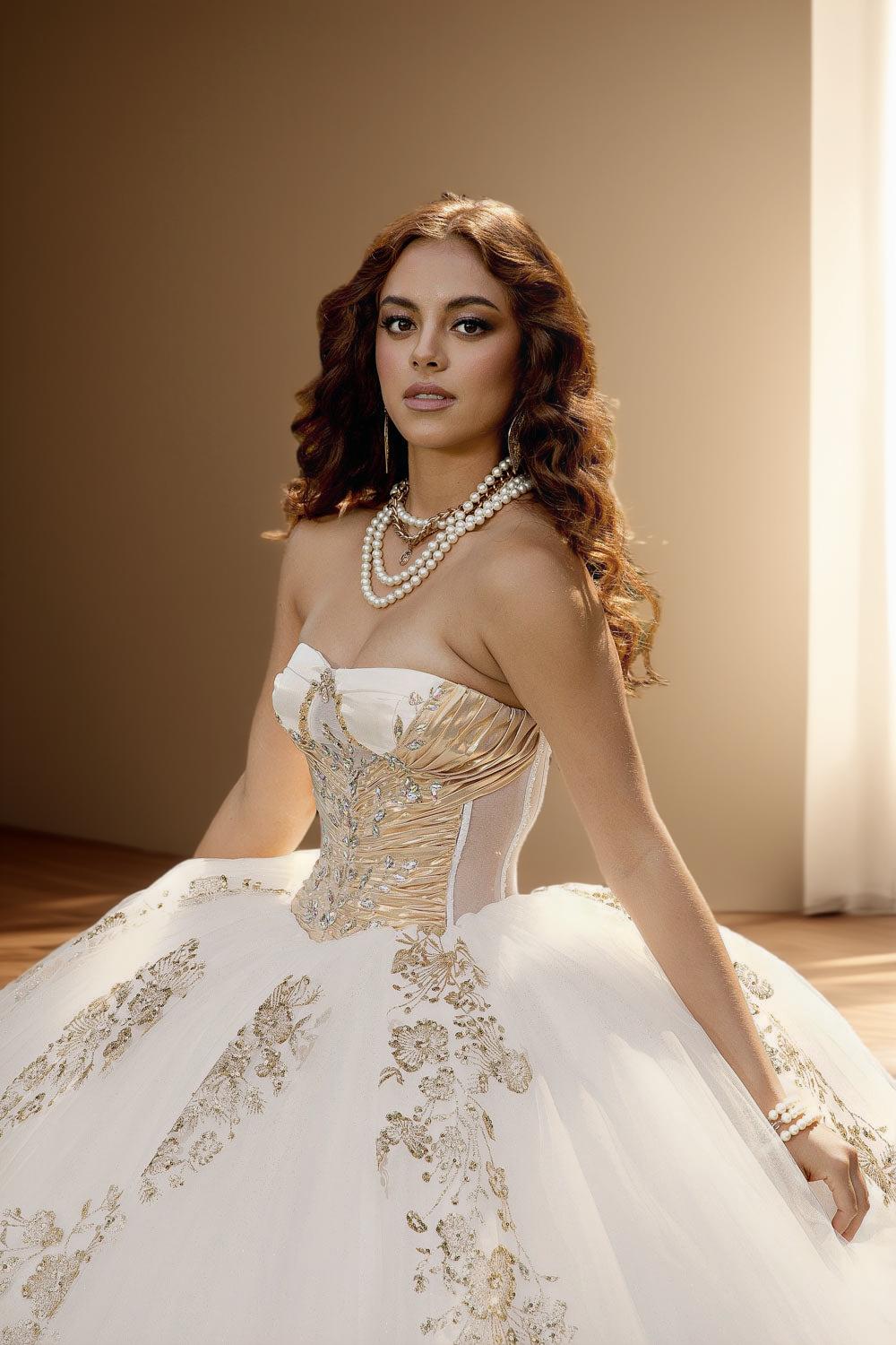 Strapless Glitter Tulle Quinceanera Ball Gown in Ivory Gold (ZD17562) - View 7 | VelvetHem