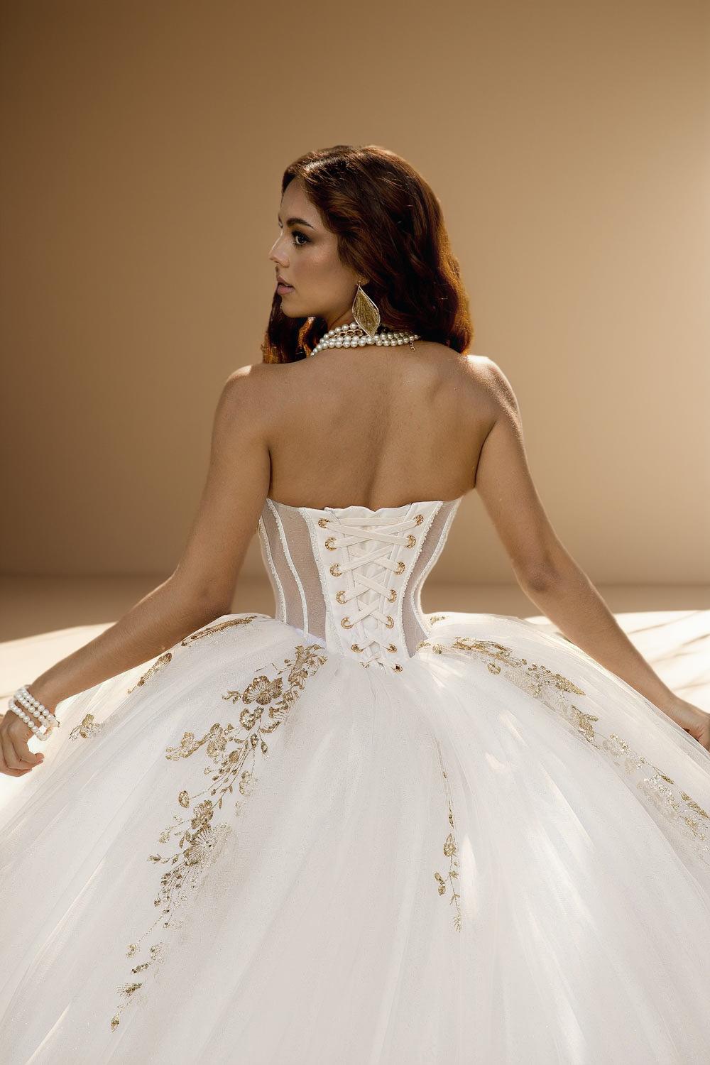 Strapless Glitter Tulle Quinceanera Ball Gown in Ivory Gold (ZD17562) - View 8 | VelvetHem