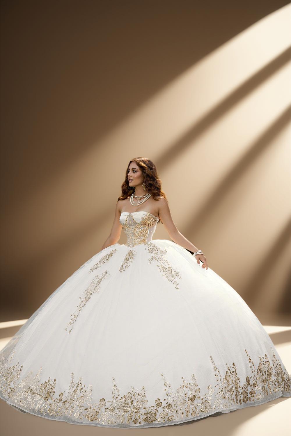 Strapless Glitter Tulle Quinceanera Ball Gown in Ivory Gold (ZD17562) - View 9 | VelvetHem