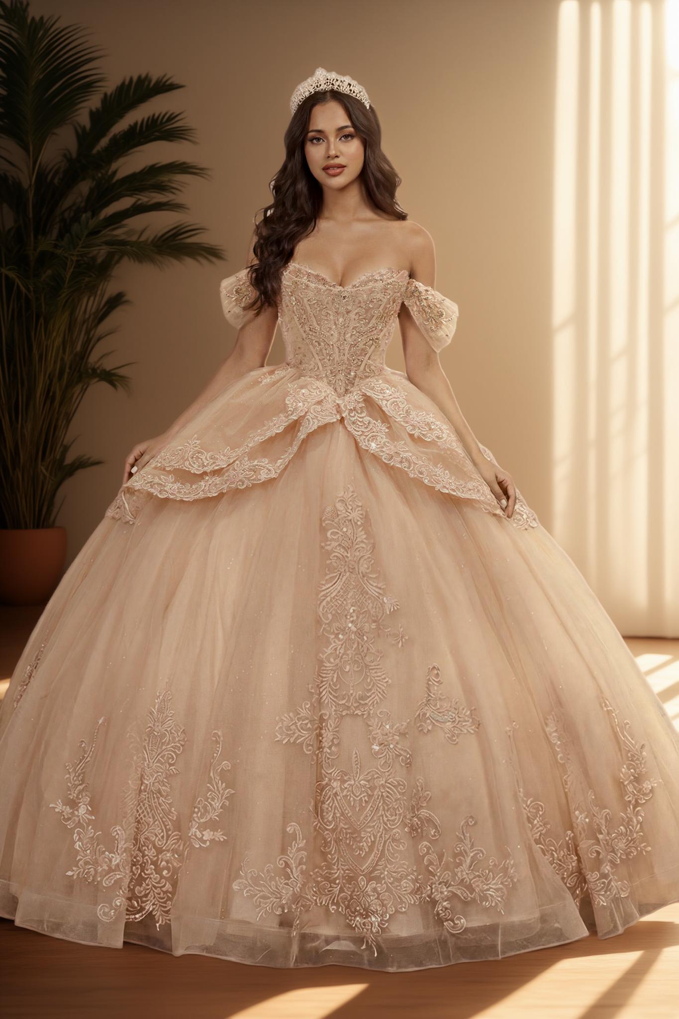 Off Shoulder Embroidered Applique Quinceanera Ball Gown (ZD17563) - VelvetHem