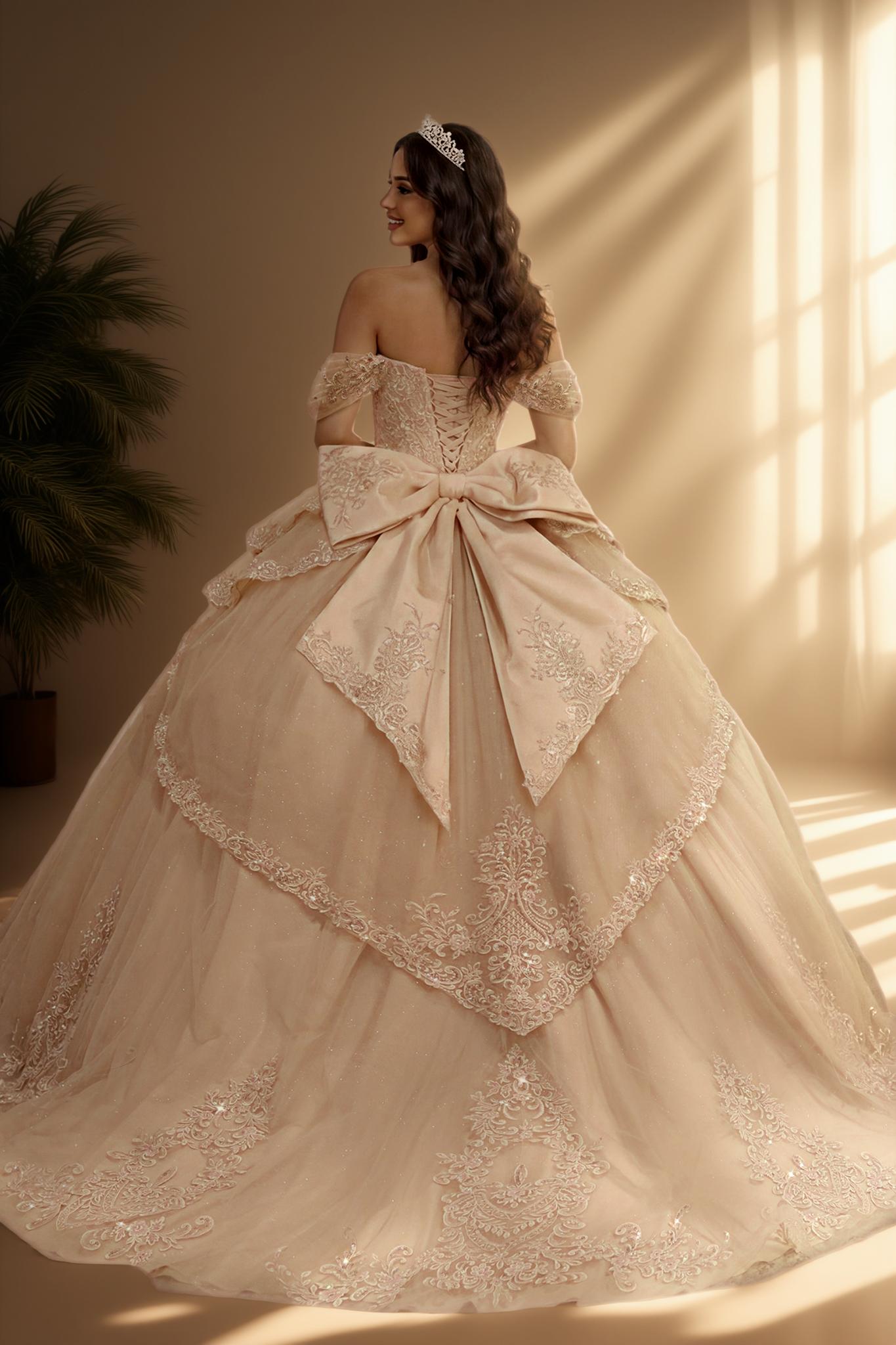 Off Shoulder Embroidered Applique Quinceanera Ball Gown (ZD17563) - View 2 | VelvetHem