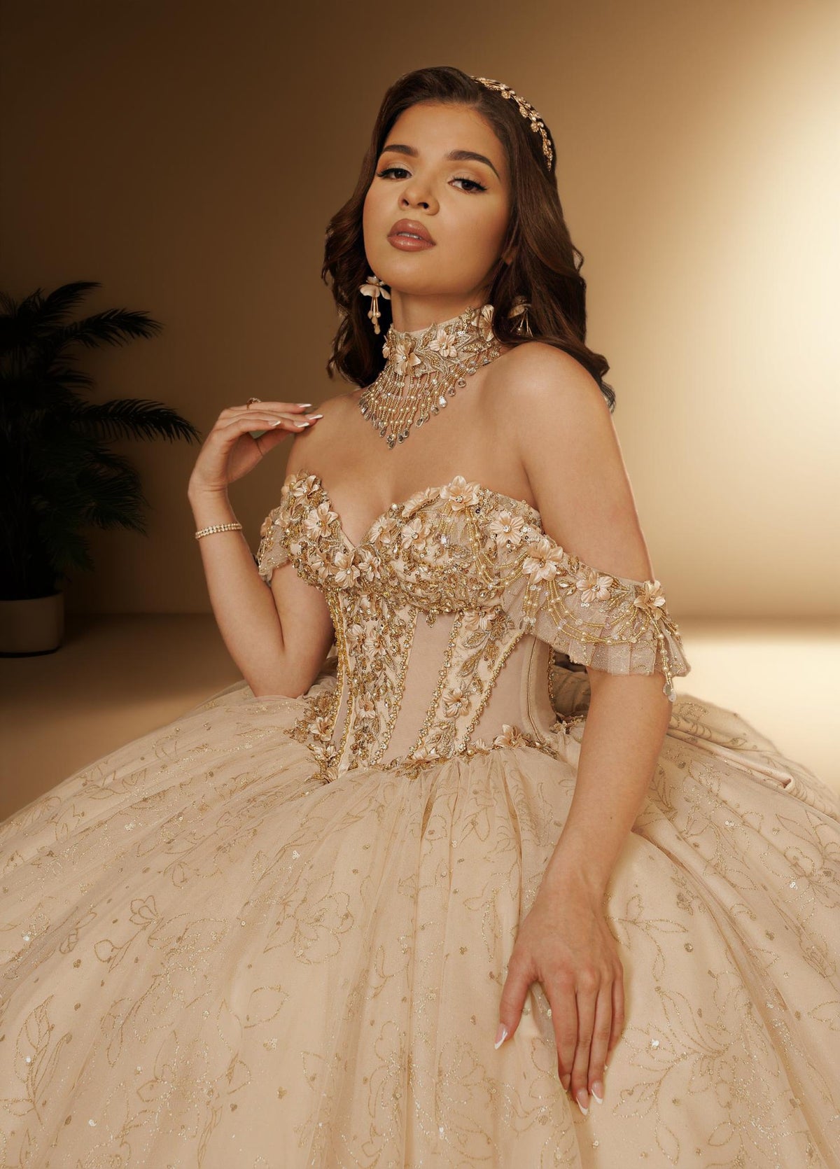 3D Floral Off Shoulder Quinceanera Ball Gown with Beaded Fringe (ZD17567) - View 3 | VelvetHem