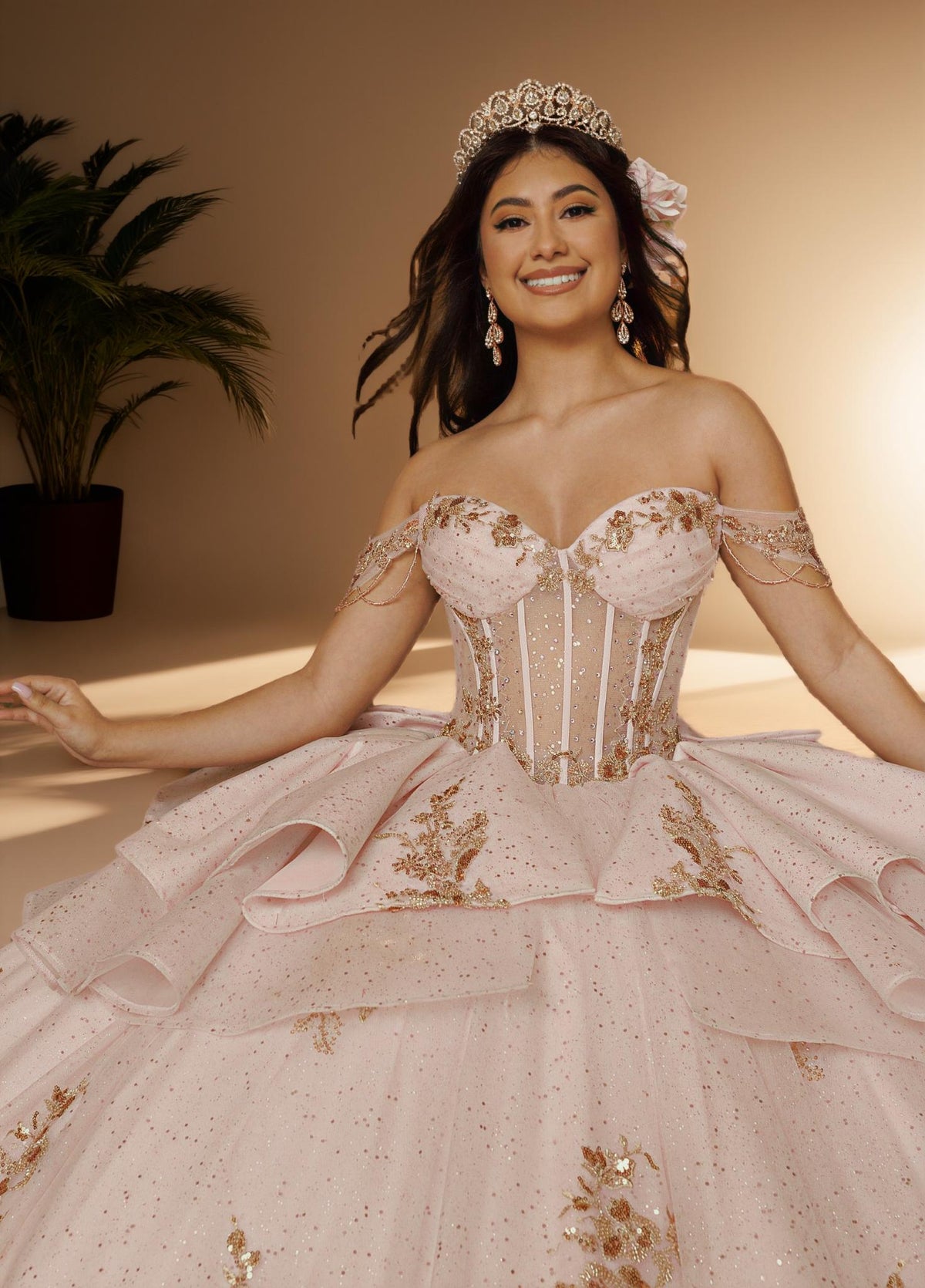 Off Shoulder Beaded Fringe Quinceanera Ball Gown (ZD17568) - View 3 | VelvetHem