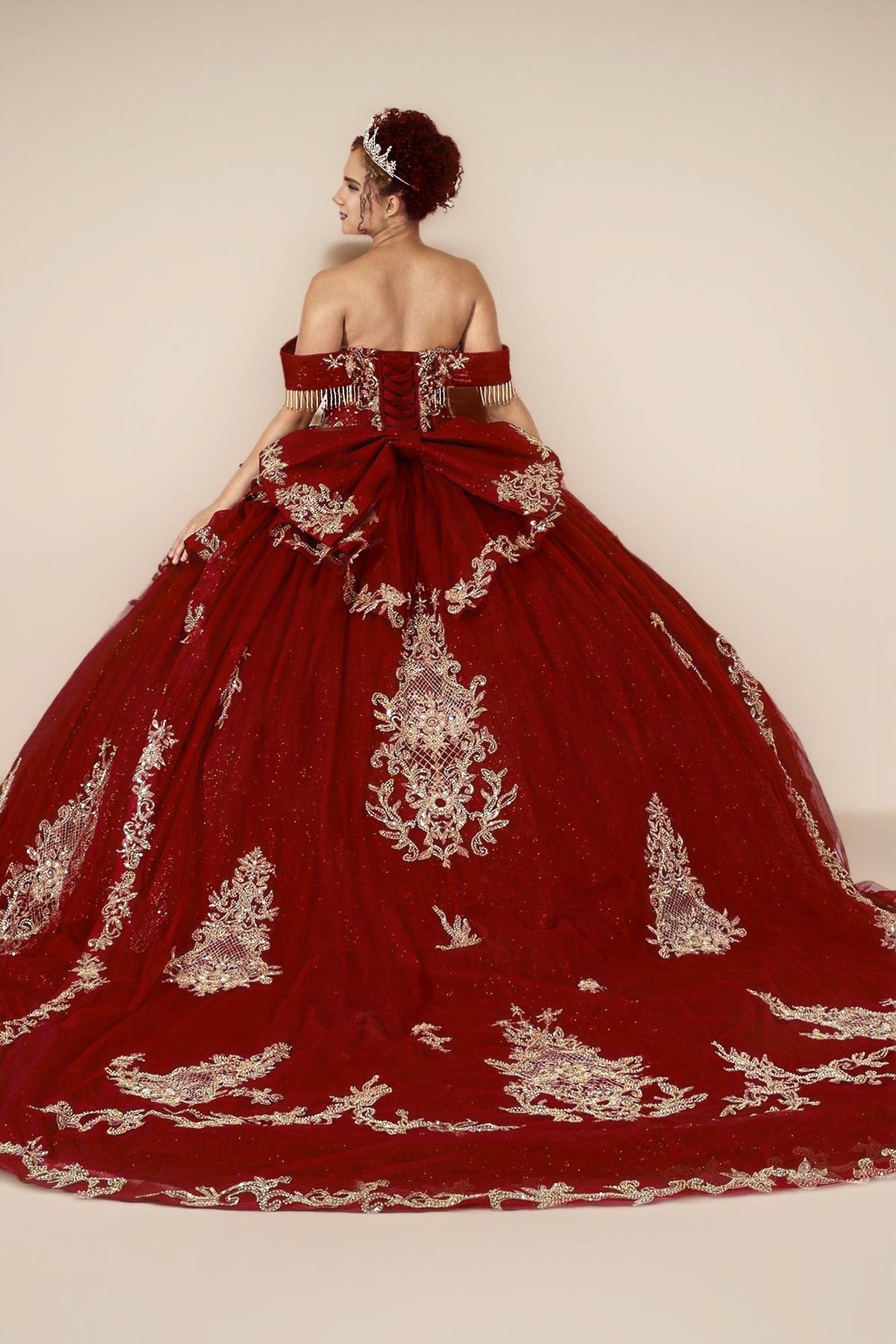 Burgundy Gold Off Shoulder Quinceanera Dress Beaded Fringe Glitter Tulle Ball Gown (ZD17593) - View 2 | VelvetHem