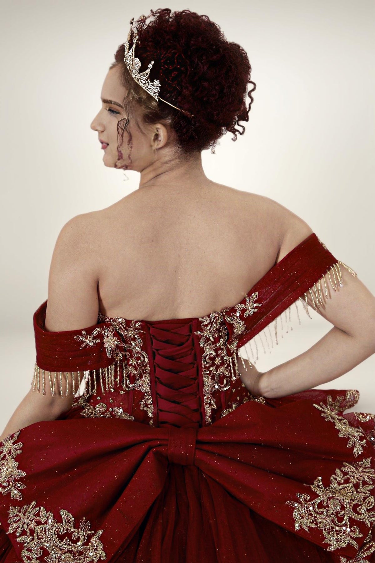 Burgundy Gold Off Shoulder Quinceanera Dress Beaded Fringe Glitter Tulle Ball Gown (ZD17593) - View 3 | VelvetHem