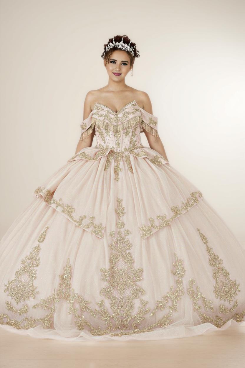 Burgundy Gold Off Shoulder Quinceanera Dress Beaded Fringe Glitter Tulle Ball Gown (ZD17593) - View 5 | VelvetHem