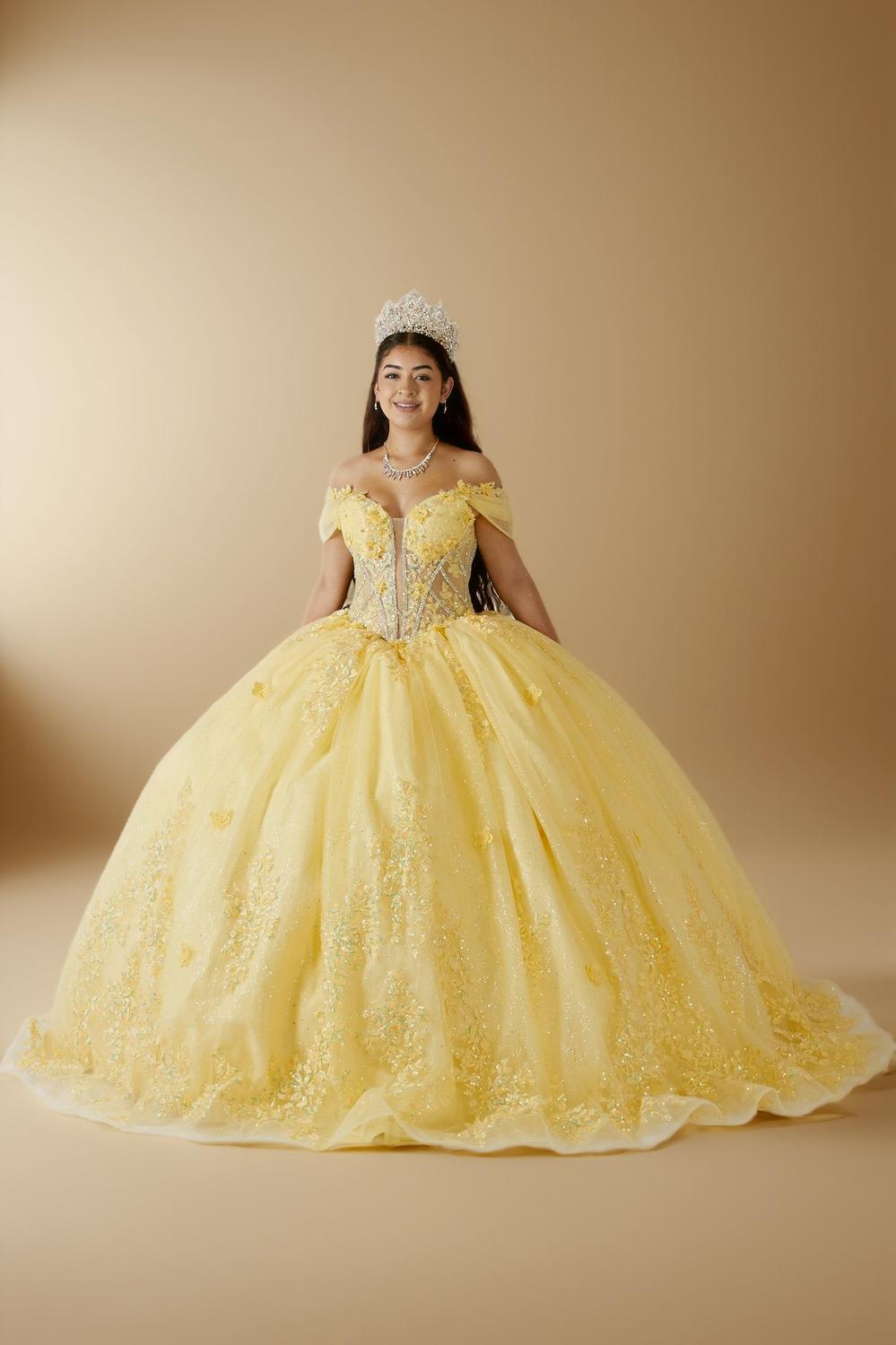 Yellow 3D Floral Off Shoulder Quinceanera Dress Beaded Glitter Tulle Ball Gown (ZD17595) - VelvetHem