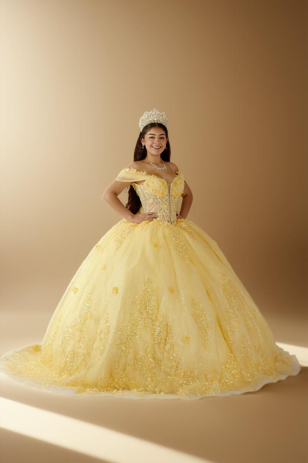 Yellow 3D Floral Off Shoulder Quinceanera Dress Beaded Glitter Tulle Ball Gown (ZD17595) - View 3 | VelvetHem