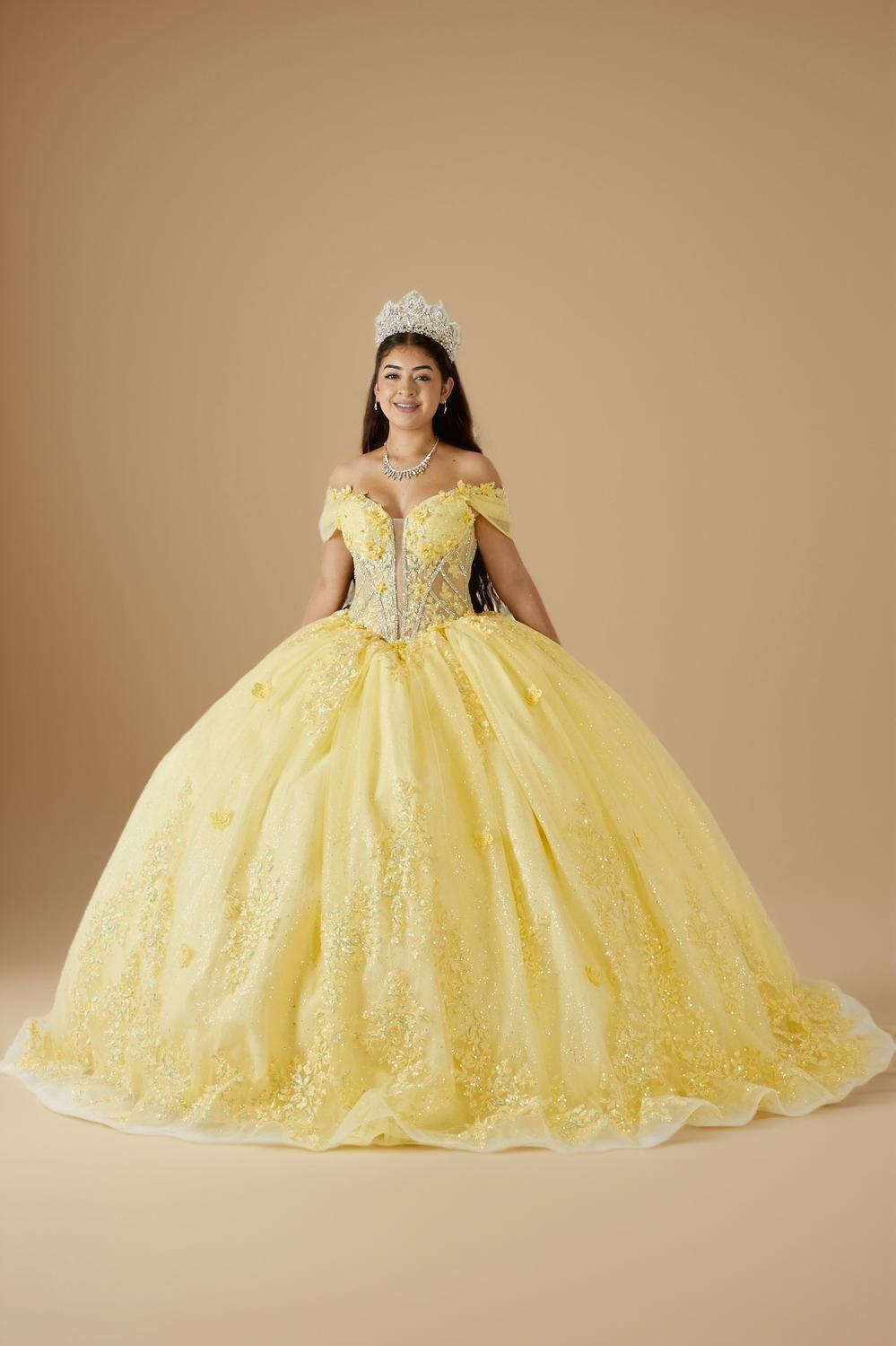 Yellow 3D Floral Off Shoulder Quinceanera Dress Beaded Glitter Tulle Ball Gown (ZD17595) - View 4 | VelvetHem