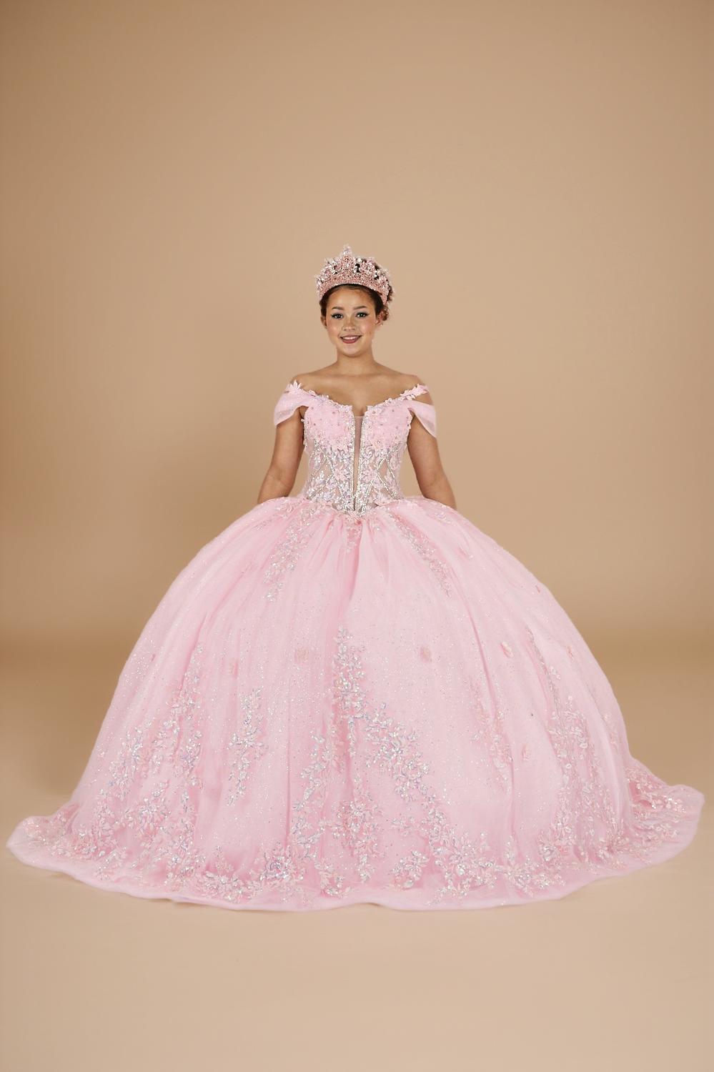Yellow 3D Floral Off Shoulder Quinceanera Dress Beaded Glitter Tulle Ball Gown (ZD17595) - View 5 | VelvetHem