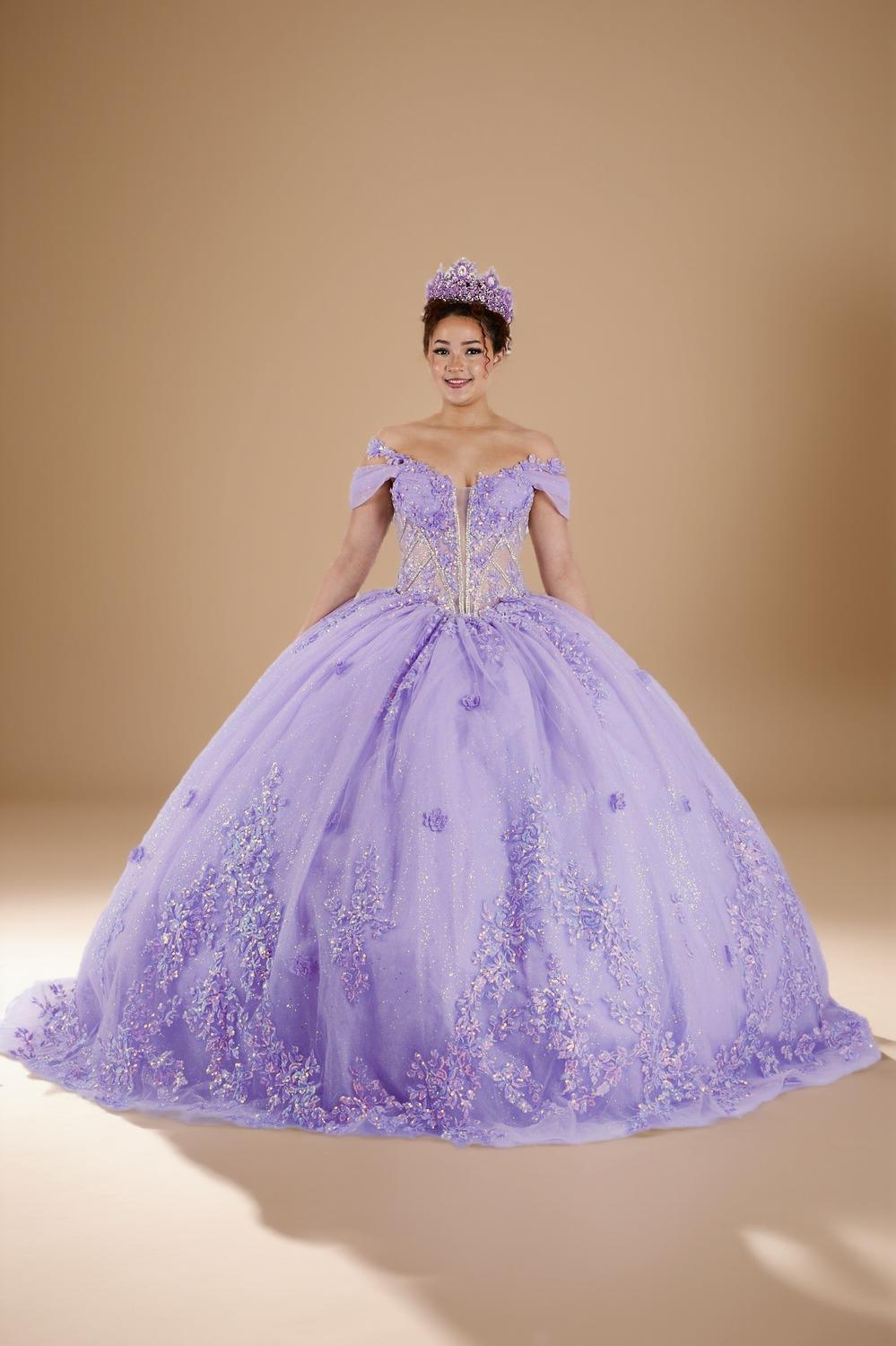 Yellow 3D Floral Off Shoulder Quinceanera Dress Beaded Glitter Tulle Ball Gown (ZD17595) - View 6 | VelvetHem