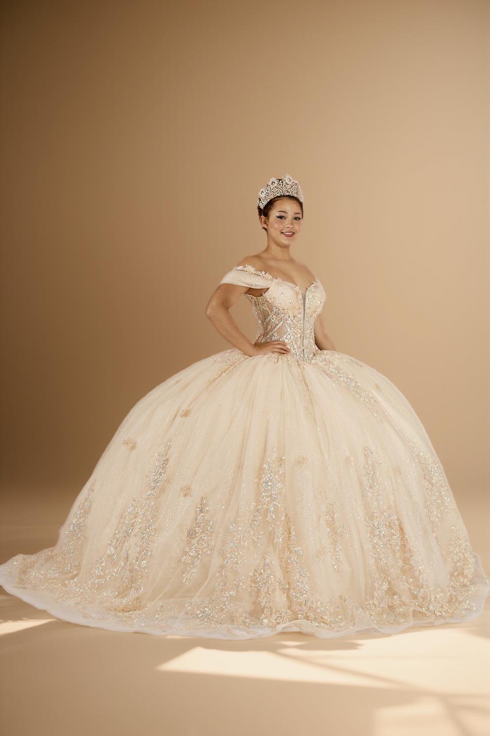 Yellow 3D Floral Off Shoulder Quinceanera Dress Beaded Glitter Tulle Ball Gown (ZD17595) - View 7 | VelvetHem
