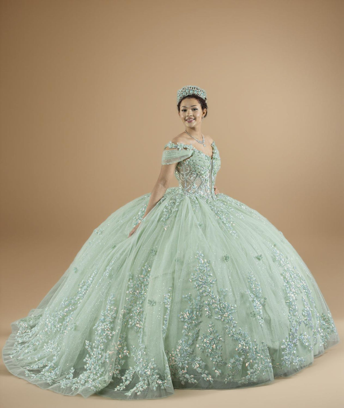 Yellow 3D Floral Off Shoulder Quinceanera Dress Beaded Glitter Tulle Ball Gown (ZD17595) - View 8 | VelvetHem