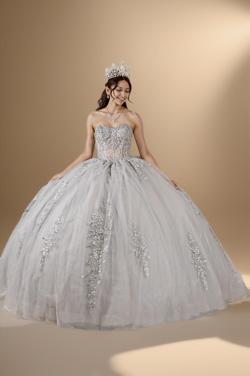 Silver Strapless Applique Quinceanera Dress Sequin Embroidered Glitter Tulle Ball Gown (ZD17596) - VelvetHem