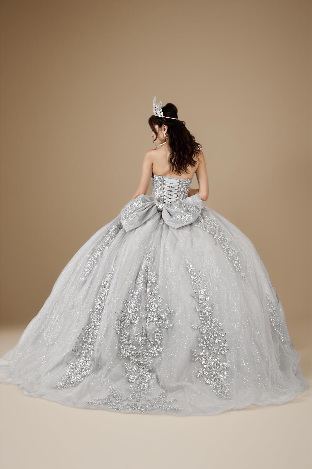 Silver Strapless Applique Quinceanera Dress Sequin Embroidered Glitter Tulle Ball Gown (ZD17596) - View 2 | VelvetHem