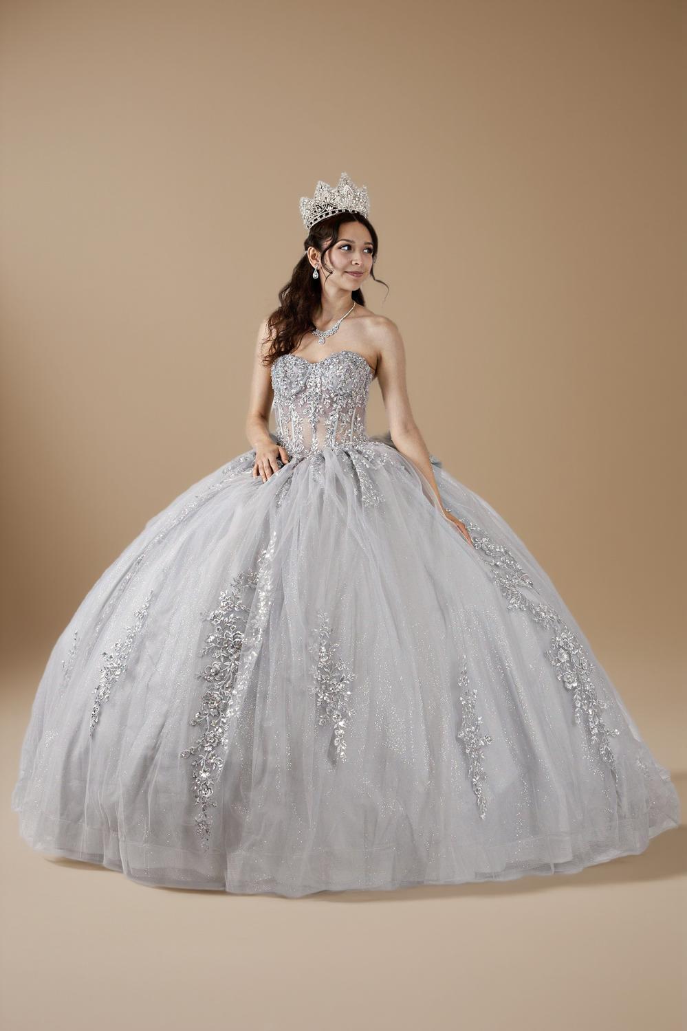 Silver Strapless Applique Quinceanera Dress Sequin Embroidered Glitter Tulle Ball Gown (ZD17596) - View 6 | VelvetHem