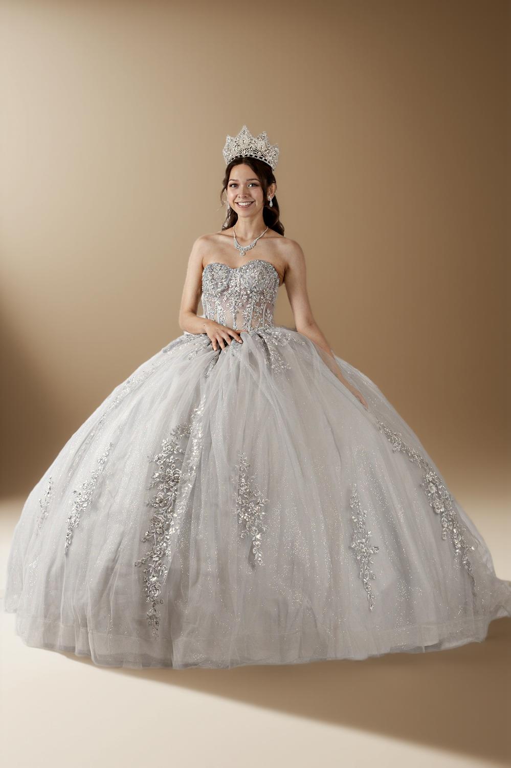 Silver Strapless Applique Quinceanera Dress Sequin Embroidered Glitter Tulle Ball Gown (ZD17596) - View 7 | VelvetHem