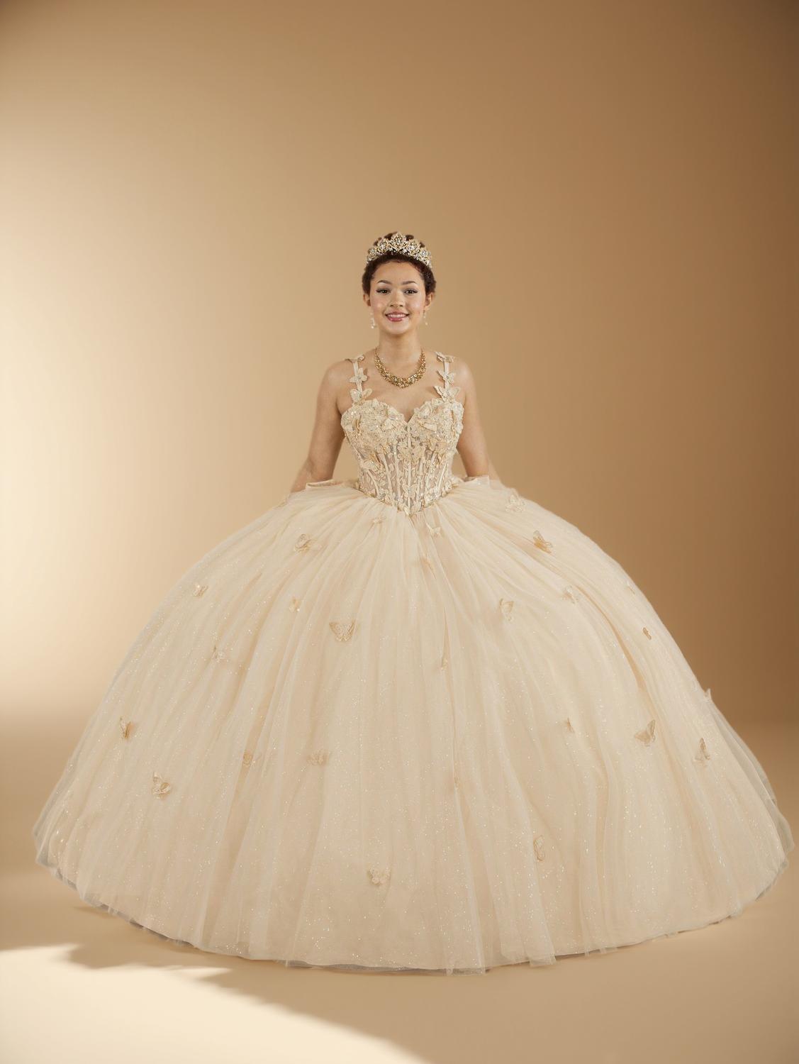 Champagne Sleeveless Quinceanera Dress Butterfly Straps Lace Applique Glitter Ball Gown (ZD17599) - VelvetHem