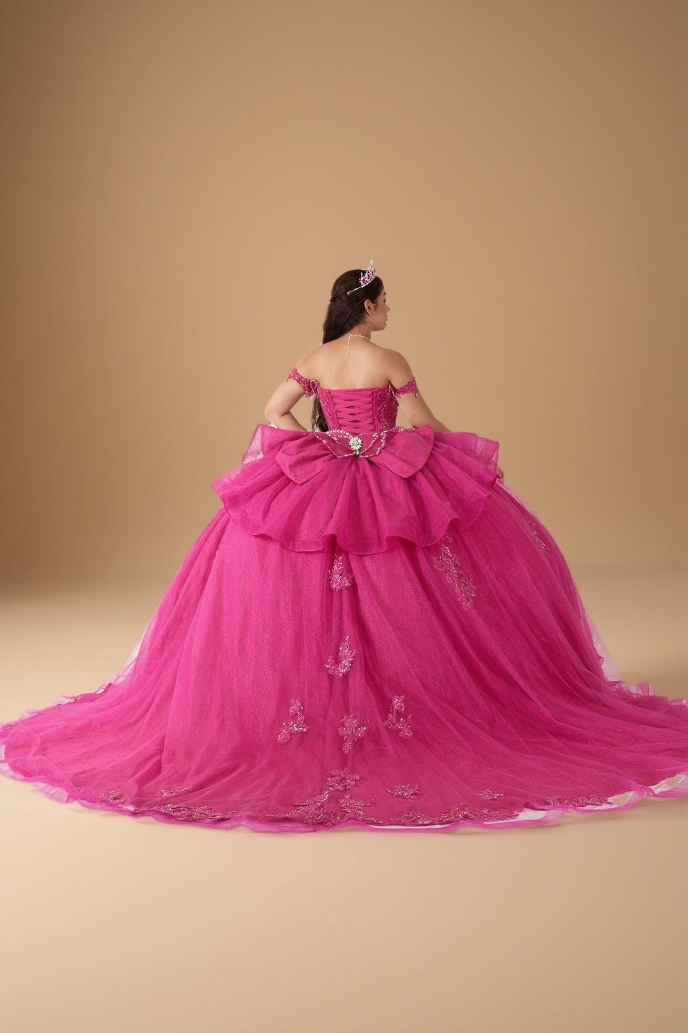 Fuchsia 3D Butterfly Off Shoulder Quinceanera Dress Glitter Tulle Ball Gown (ZD17602) - View 2 | VelvetHem