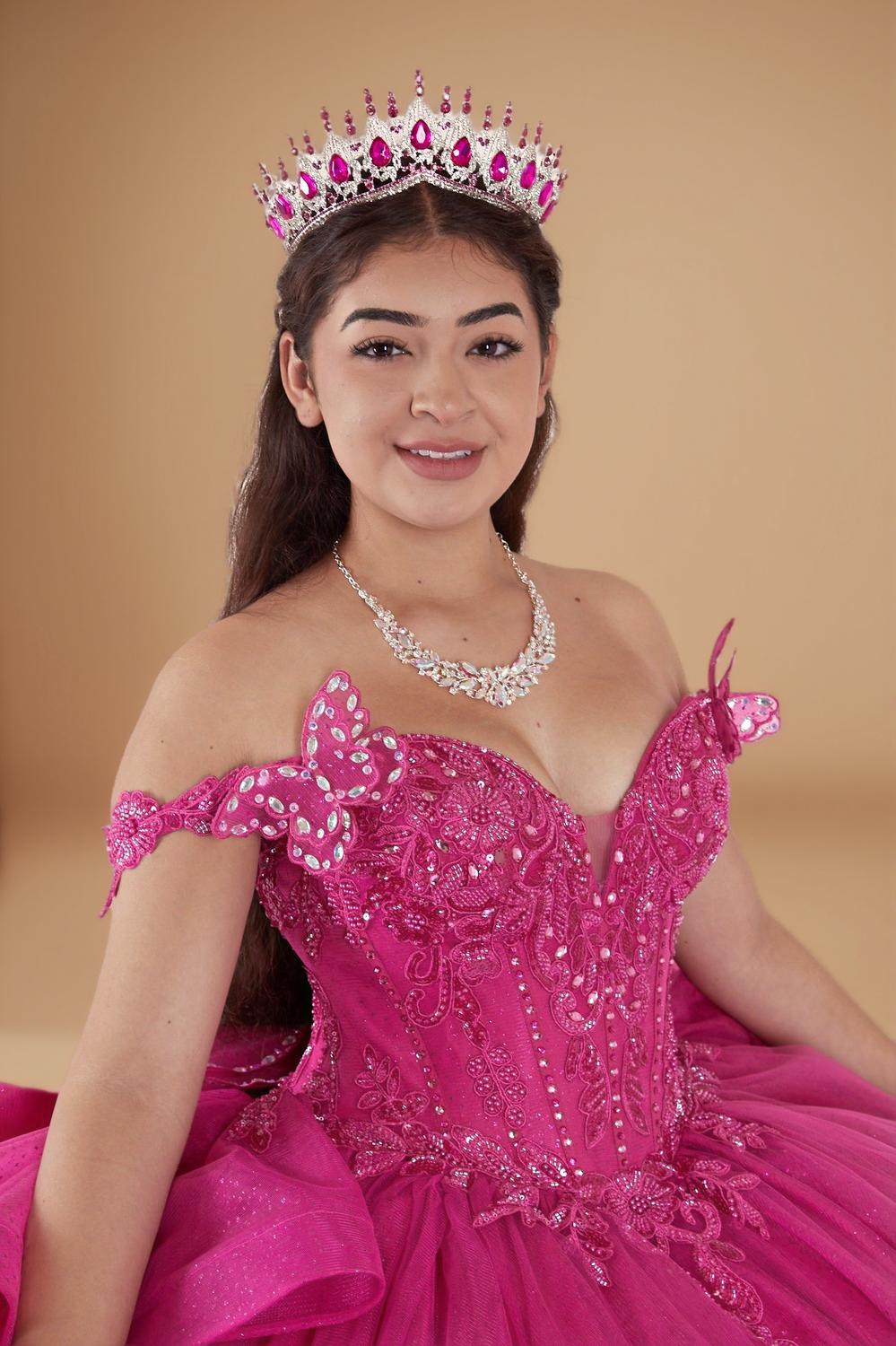 Fuchsia 3D Butterfly Off Shoulder Quinceanera Dress Glitter Tulle Ball Gown (ZD17602) - View 3 | VelvetHem