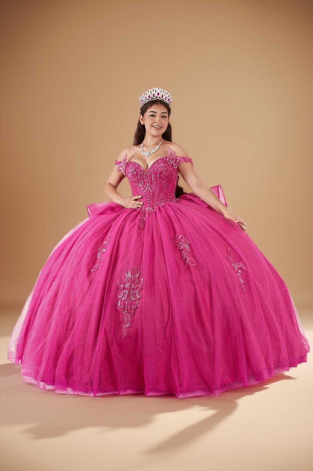 Fuchsia 3D Butterfly Off Shoulder Quinceanera Dress Glitter Tulle Ball Gown (ZD17602) - View 4 | VelvetHem