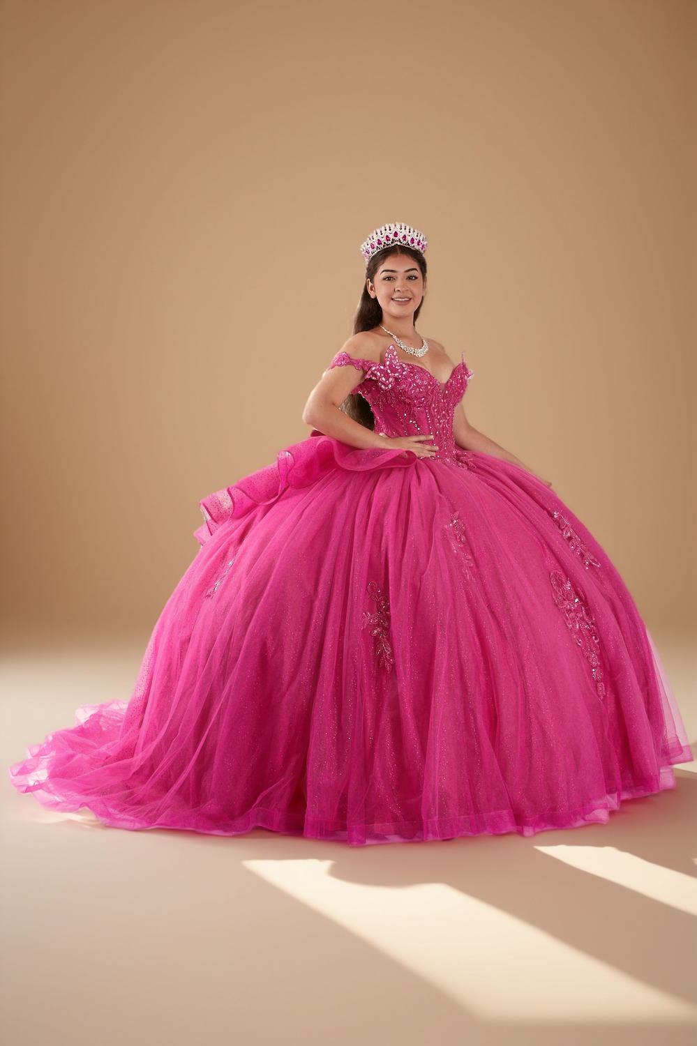 Fuchsia 3D Butterfly Off Shoulder Quinceanera Dress Glitter Tulle Ball Gown (ZD17602) - View 5 | VelvetHem