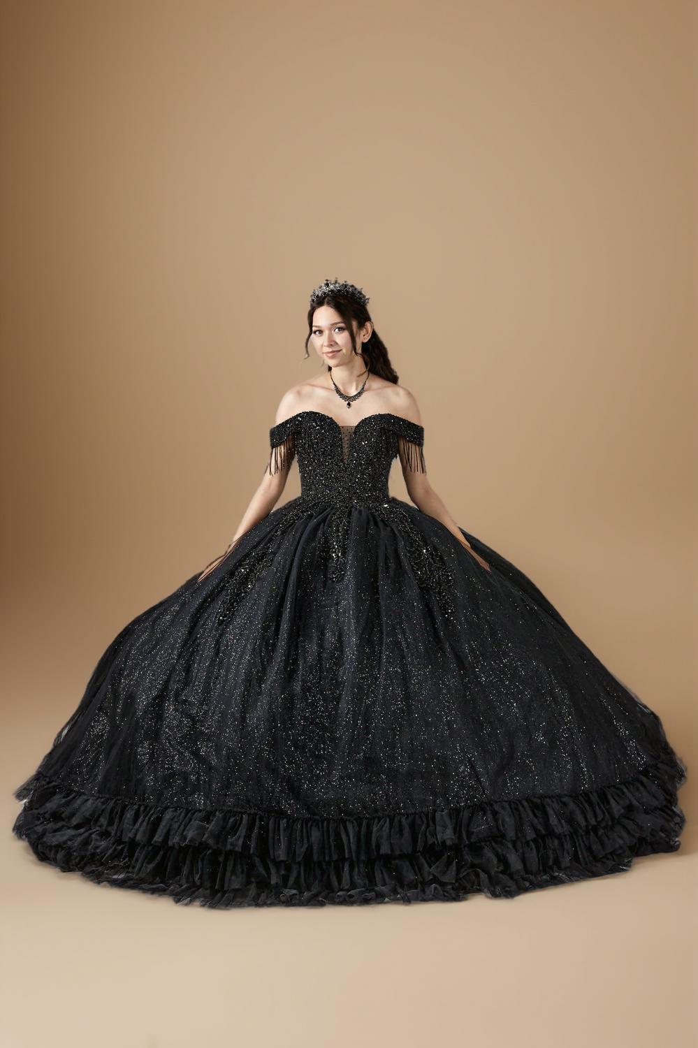 Black Off Shoulder Fringe Quinceanera Dress Beaded Applique Glitter Tulle Ball Gown (ZD17603) - VelvetHem