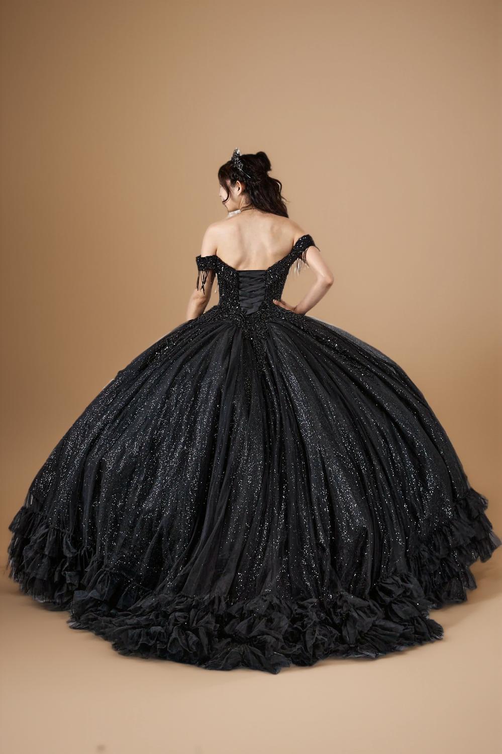 Black Off Shoulder Fringe Quinceanera Dress Beaded Applique Glitter Tulle Ball Gown (ZD17603) - View 2 | VelvetHem