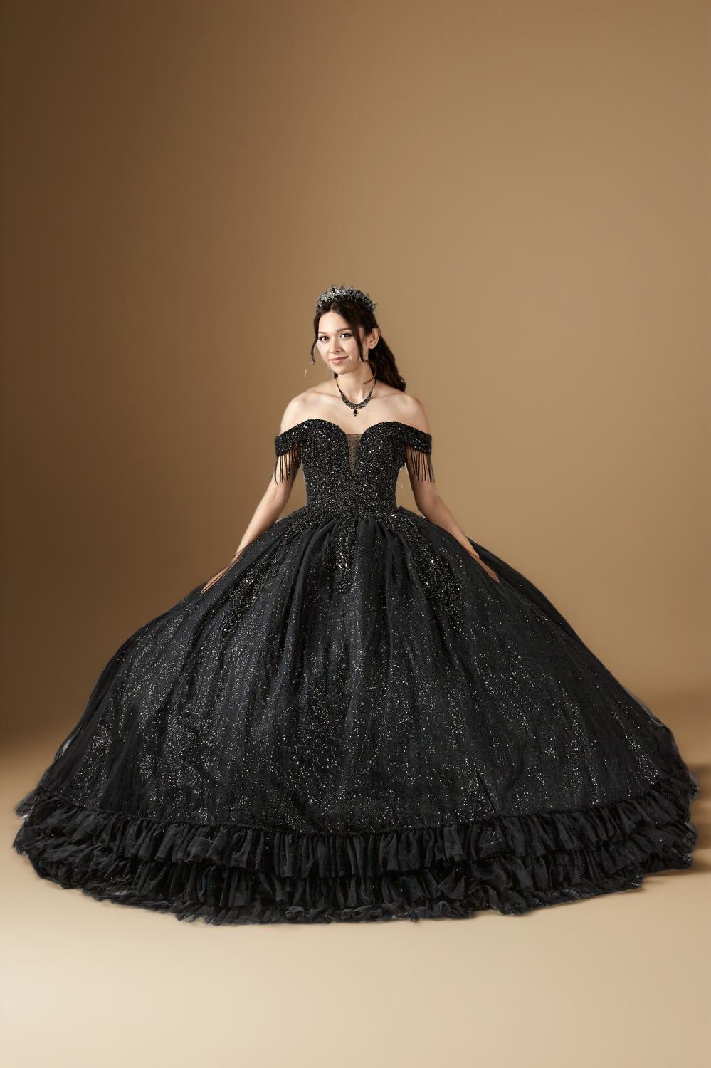 Black Off Shoulder Fringe Quinceanera Dress Beaded Applique Glitter Tulle Ball Gown (ZD17603) - View 5 | VelvetHem