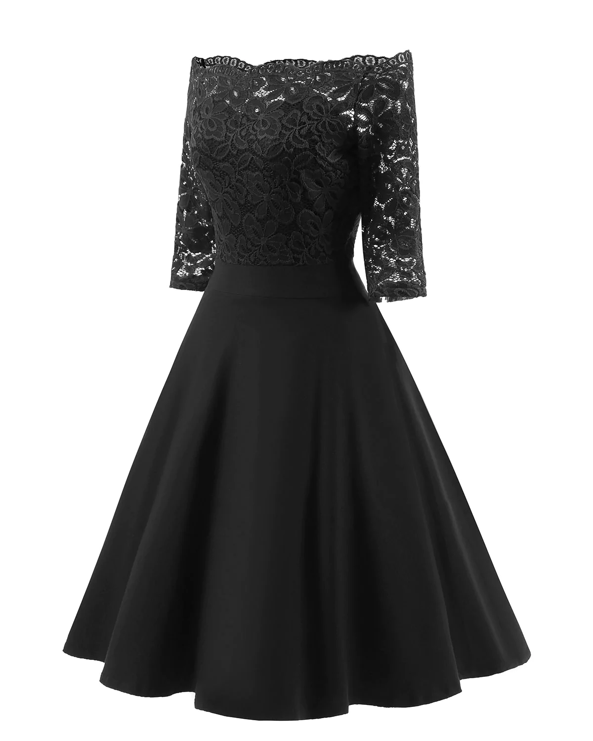 Vintage Short Black Bridesmaid Dresses One-Shoulder Lace Party Dress with Sleeves - View 2 | FashionDia