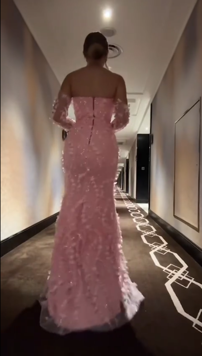 Elegant Pink Strapless Tulle Appliques Beaded Slit Mermaid Evening Dress Long Party Dress - View 5 | FashionDia