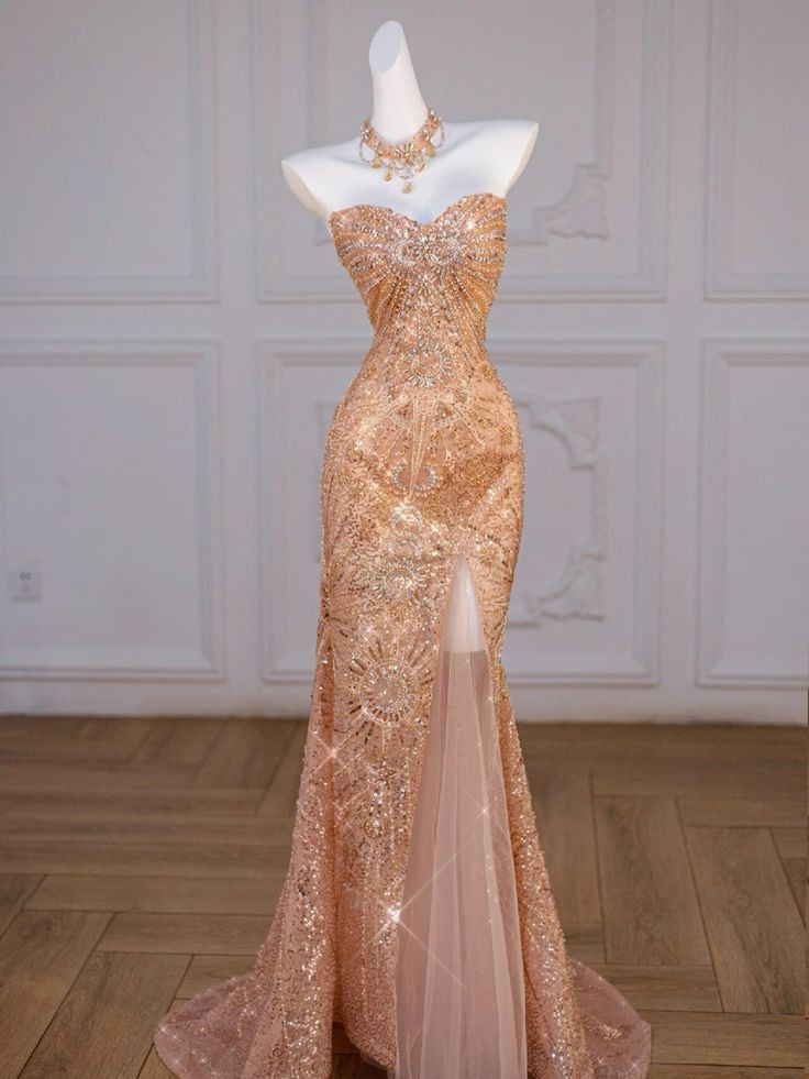Luxurious Mermaid Sweetheart Sequin Long Slit Evening Dress Gold Prom Dress