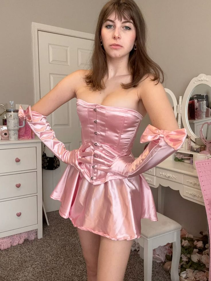 Cute Pink Strapless A-Line Short Party Dress Homecoming Dress With Gloves - View 3 | FashionDia