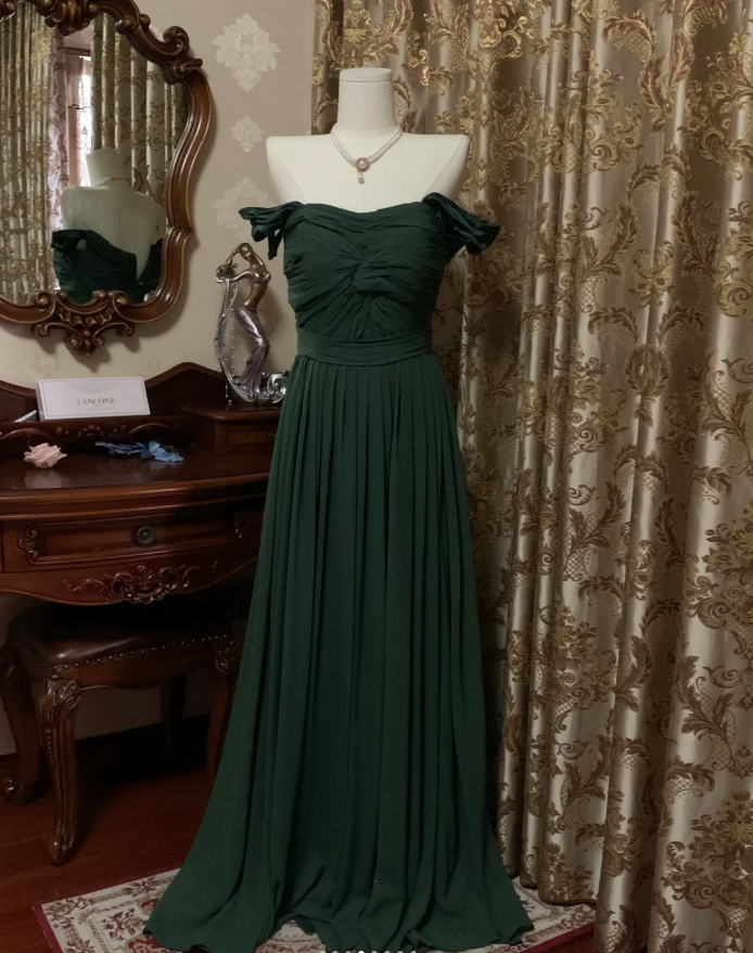 Vintage Green Off-the-Shoulder Satin Pleated Long Wedding Guest Dress Party Dress Prom Gown - View 4 | FashionDia