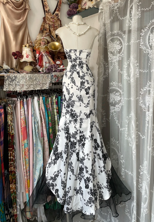 Vintage Strapless Satin Print Floral Mermaid Party Dress Long Evening Gown