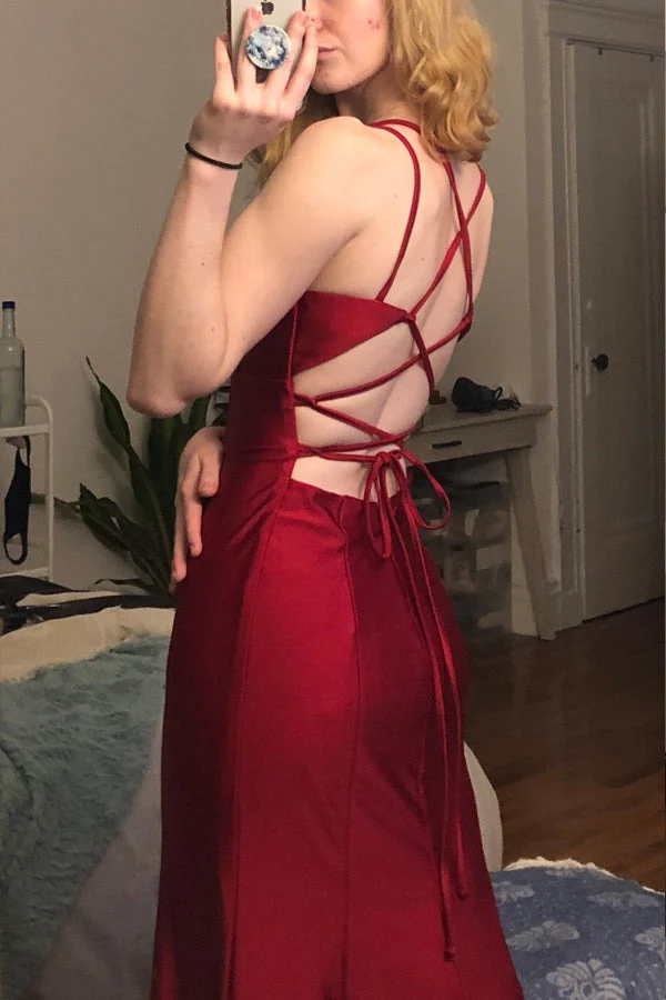 Burgundy mermaid long prom dress spaghetti straps simple prom dress - View 3 | FashionDia