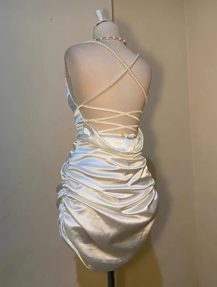 Sexy White Short Satin Sheath Birthday Dress Short Homecoming Dress - View 2 | FashionDia