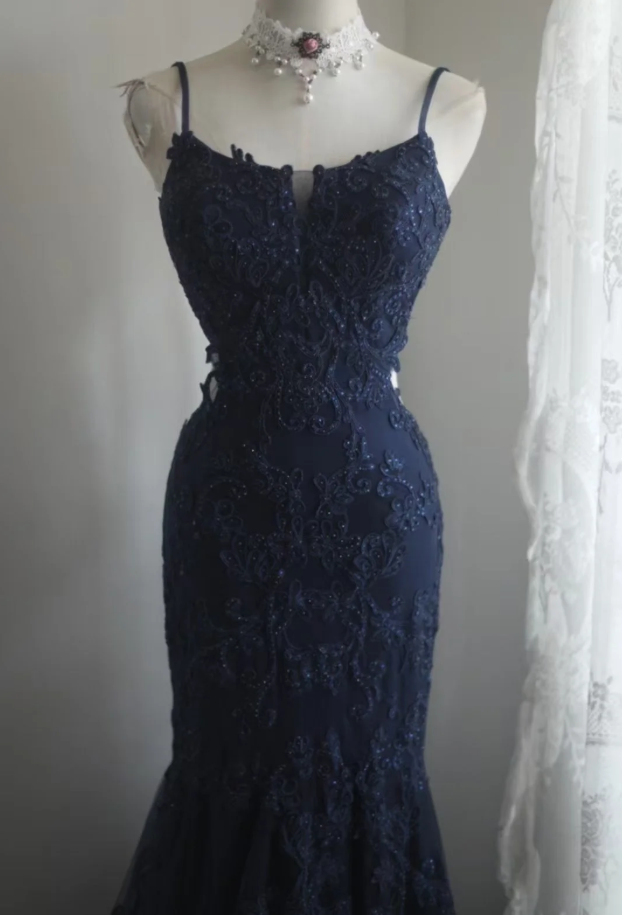 Elegant Spaghetti Straps Navy Blue Tulle Lace Appliques Mermaid Evening Dress Birthday Outfits - View 2 | FashionDia