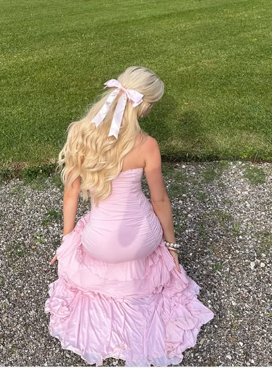 Sweet Pink Chiffon Strapless Evening Dress Multi-Layered Slit Prom Party Dress - View 3 | FashionDia