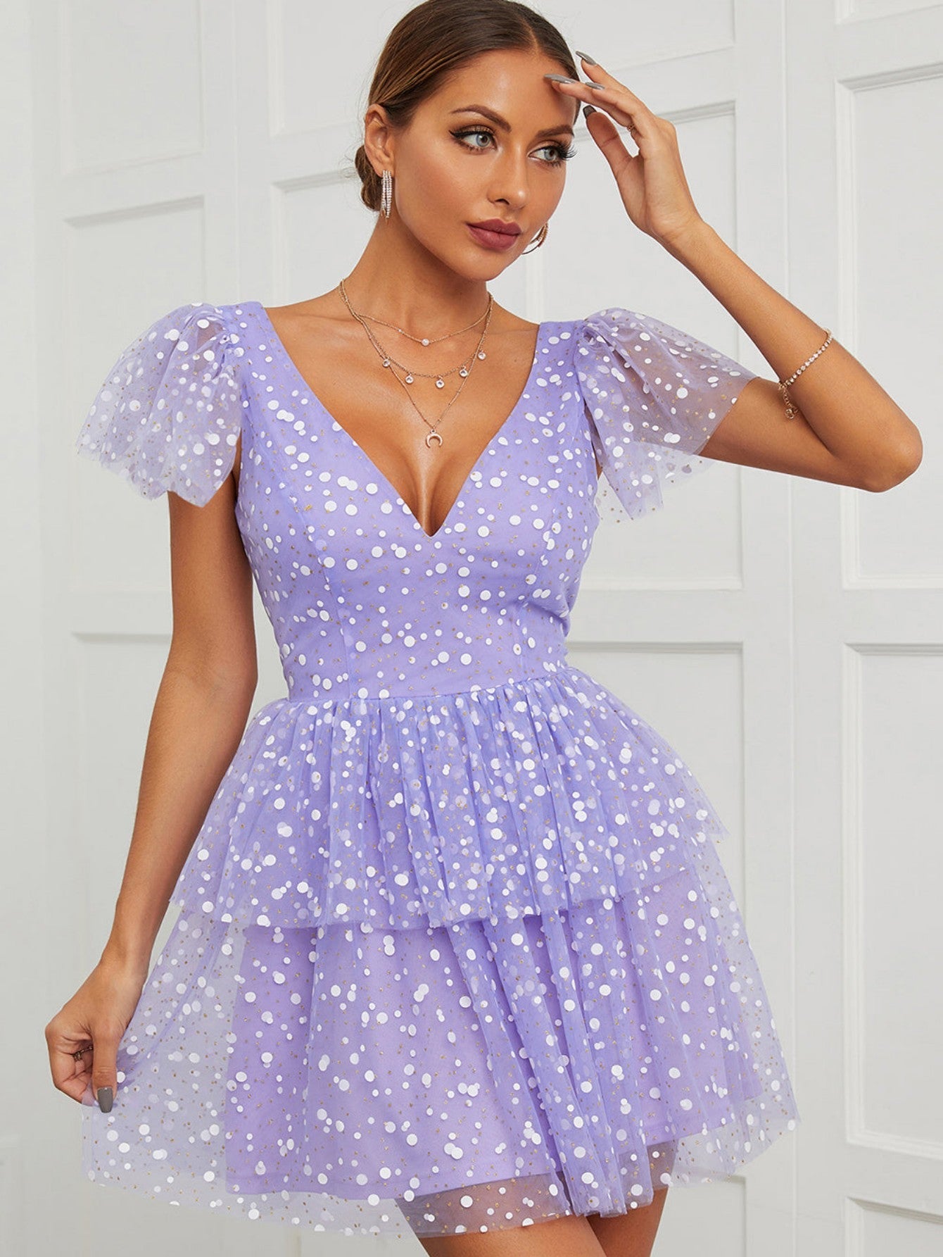 Champagne A Line V Neck Short Graduation Homecoming Party Dress - Fashionpara